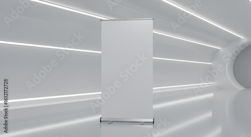 Wallpaper Mural Blank Roll-Up Banner Mockup in Sci-Fi White Tunnel with Curved Lights Torontodigital.ca