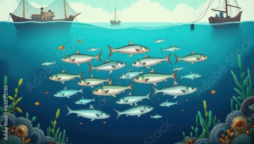 School of fish in a vibrant underwater scene.