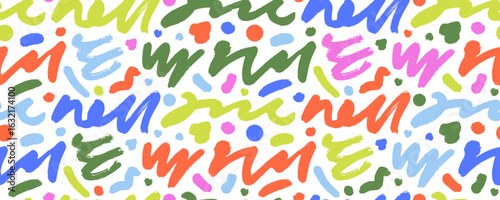 Funky colorful seamless pattern with brush drawn squiggles and dots. Hand drawn childish creative yellow and pink wallpaper. Abstract basic swirls, curved lines and dots. Doodle seamless background.