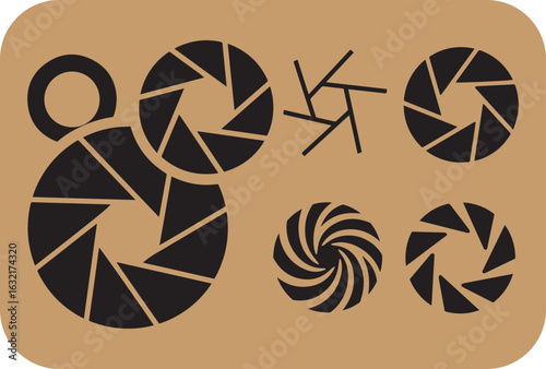 Adjustable Aperture Blinds, Camera Shutter Iris, Vector Illustration, Mechanical Diaphragm, Photographic Lens Mechanism, Icon Set.