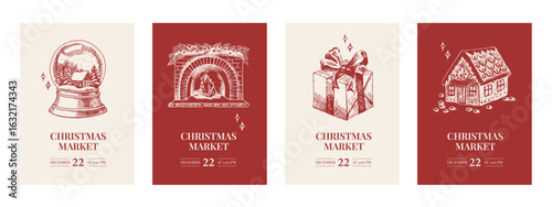 Christmas dinner invitation cards with hand drawn holiday fireplace, snowball, present and gingerbread house. Festive mood, elegant vintage style. Vector sketch illustration.