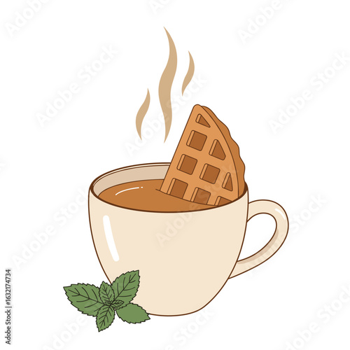 Cup of tea with waffle and mint leaves on a white background - Concept of flat image on transparent background  