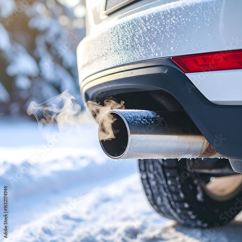 Close-up of vehicle exhaust pipe with visible condensation and white smoke in cold weather, frosty background, detailed exhaust tip. 
