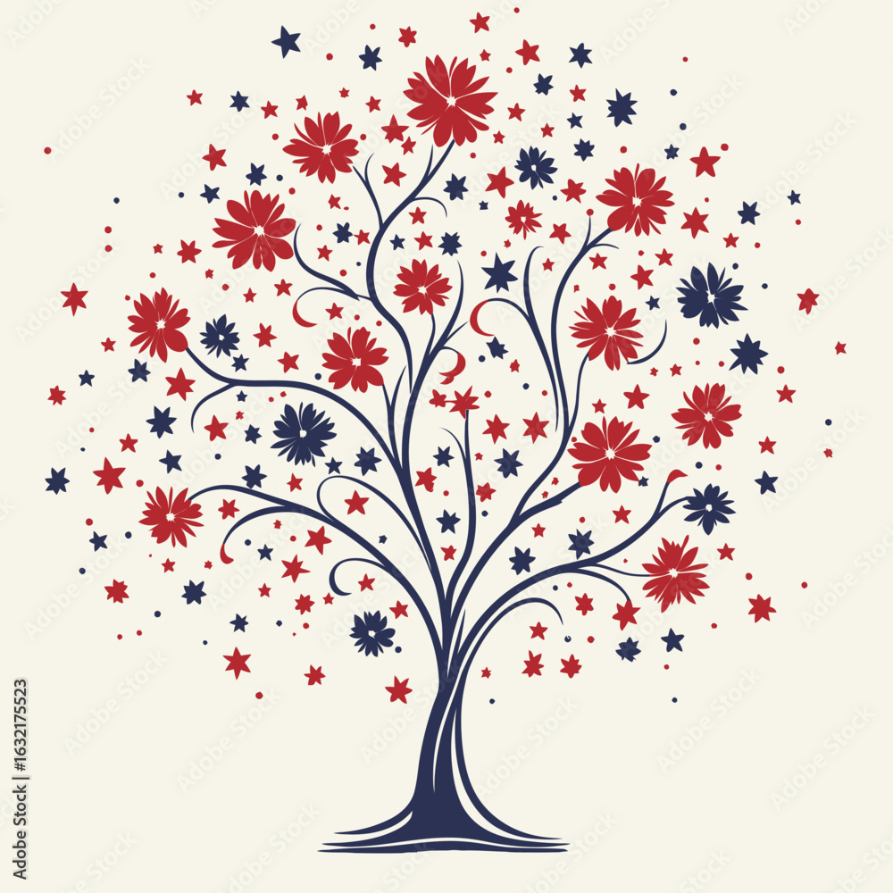 Fototapeta premium A tree with red, blue and white flowers and stars. The tree is a symbol of growth and hope