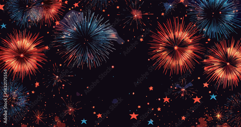 Fototapeta premium A fireworks display with red, blue, and white fireworks. The fireworks are lit up in the night sky, creating a festive and celebratory atmosphere