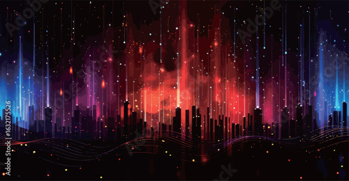 A city skyline with a bright orange sun in the background. The city is lit up with neon lights, creating a warm and inviting atmosphere