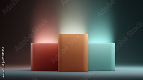 Red, brown and teal podiums gleam in spotlight. Minimal backdrop for product display, web header, advertising.