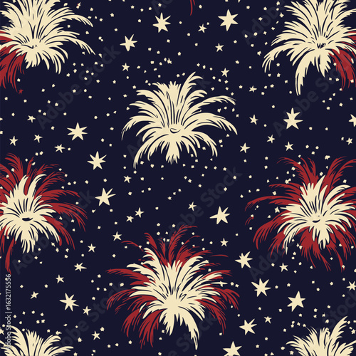 A series of fireworks with a red, white, and blue color scheme. The fireworks are arranged in a row, with some of them being larger than others. Scene is celebratory and festive