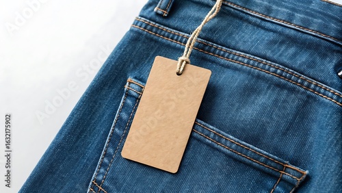 Blue jeans with blank cardboard tag hanging from pocket