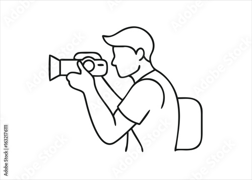 Young male traveler with photographic equipment capturing a scene a person exploring with a camera isolated on white background
