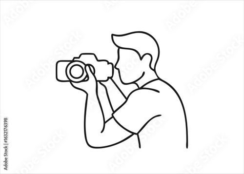 Young male tourist with a camera capturing a scenic view a skilled photographer documenting his journey isolated on white background