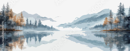 A beautiful mountain range with a lake in the foreground. The lake is calm and peaceful, reflecting the mountains in its still waters. Concept of tranquility and serenity