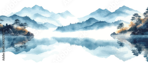 A beautiful mountain range with a lake in the foreground. The lake is calm and peaceful, reflecting the mountains in its still waters. Concept of tranquility and serenity