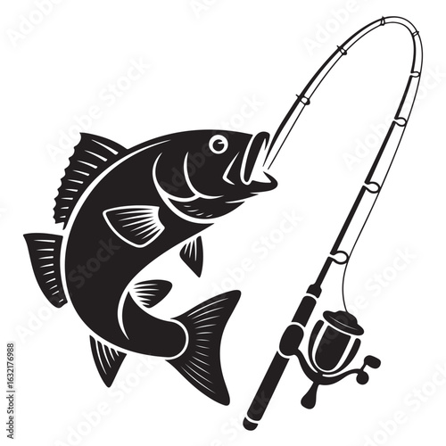 Fish and fishing rod, Fish and fishing rod jumping silhouette