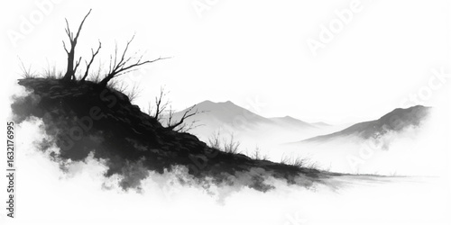 A solitary feather rests on a black background, framed by a foggy winter landscape at sunrise