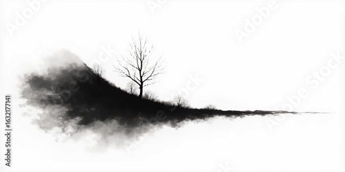 Black and white silhouette of a woman standing in a cold, snowy forest landscape