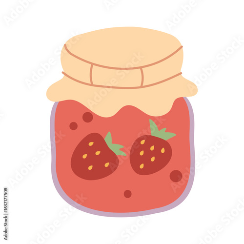 A jar of strawberry jam with a white lid. The jar is filled with red strawberries and the lid is white
