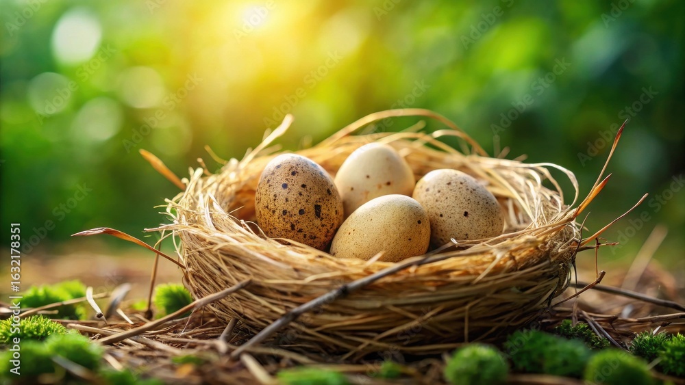 Obraz premium A delicate bird's nest cradles speckled eggs, bathed in the warm glow of morning sunlight, nestled amidst vibrant green moss.