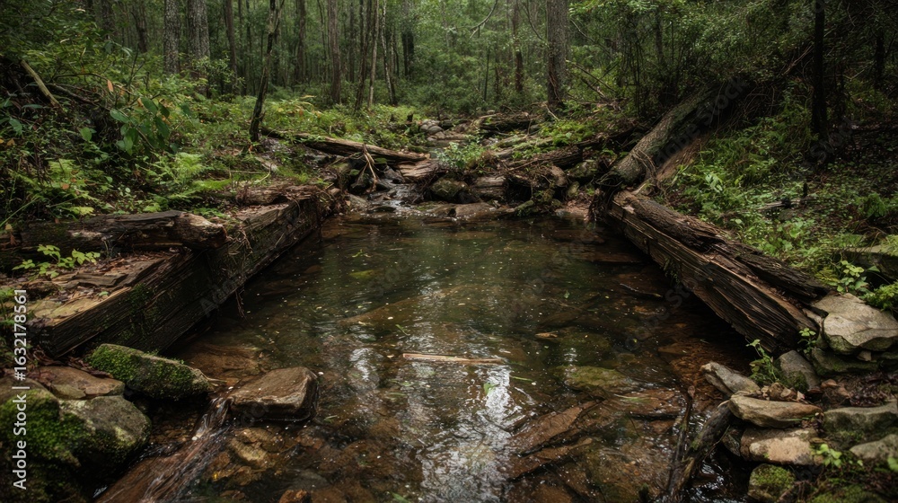 Fototapeta premium Forest creek, calm, mossy, logs