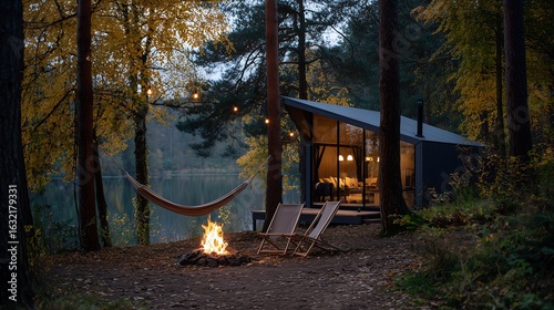 Cozy glamping tent with modern dark design, with a hammock and campfire in the forest setting