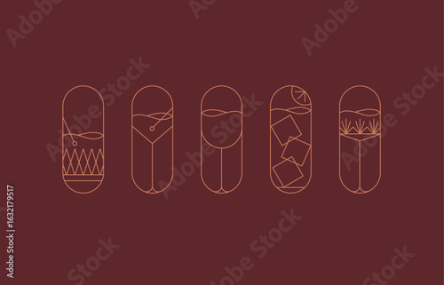Art deco cocktail symbol set drawing in gold line style on red background