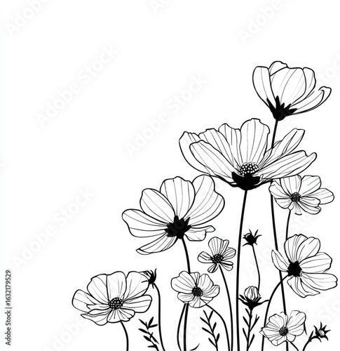 Black and white floral illustration.  Cosmos flowers in various stages of bloom.  Simple, elegant line art.  Soft, natural feel