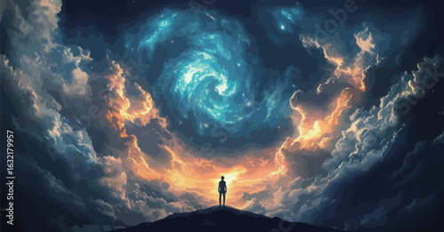 A person stands on a hill looking up at the sky. The sky is filled with stars and clouds, creating a sense of wonder and awe. The scene evokes a feeling of being small