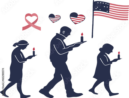 Silhouettes of people with candles and American flag hearts for Memorial Day remembrance tribute