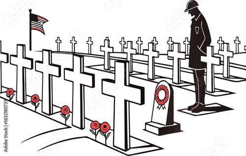 Soldier Stands At Attention In Cemetery Rows Of Crosses American Flag Roses memorial remembrance