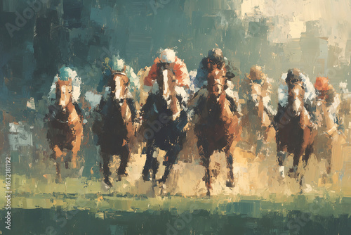 An abstract painting inspired by horse racing in England, with dynamic brushstrokes and flowing forms that capture the movement, speed, and energy of the race.