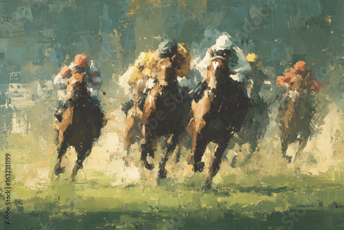 An abstract painting inspired by horse racing in England, with dynamic brushstrokes and flowing forms that capture the movement, speed, and energy of the race.