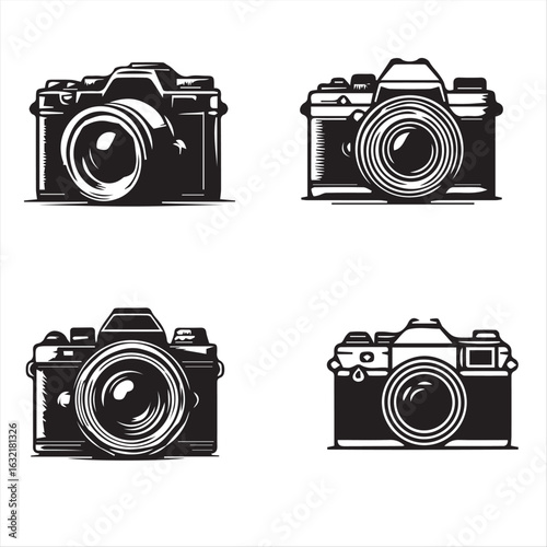set of vintage cameras silhouette with white background