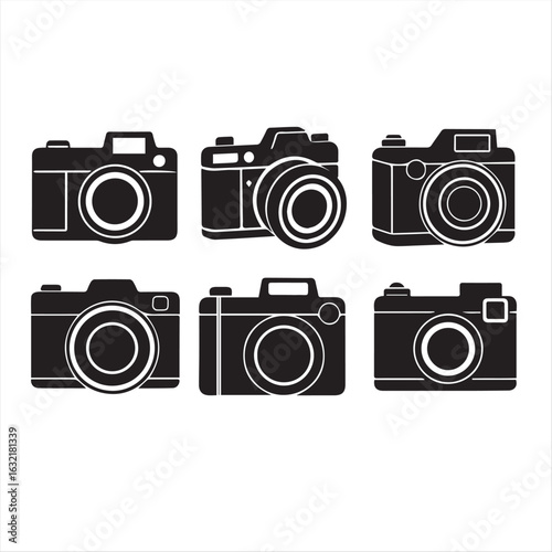 Simple black silhouettes of various cameras
