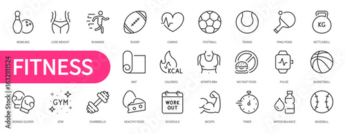 Fitness and sport icon set. Bowling, lose weight, mat, calories, pulse, basketball, running, rugby, cardio, football, kettlebell, baseball, gym, dumbbells, etc. Vector illustration. Editable stroke.