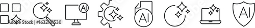 Set of generated AI icons. Artificial intelligence icon set. Pixel perfect. Containing AI, deep learning, machine learning. Artificial intelligence element for apps and web. Vector illustration. 