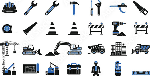 Illustration of construction tools and equipment including heavy machinery and safety gear