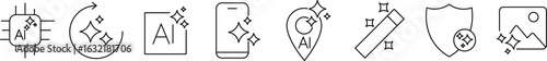 Set of generated AI icons. Artificial intelligence icon set. Pixel perfect. Containing AI, deep learning, machine learning. Artificial intelligence element for apps and web. Vector illustration. 