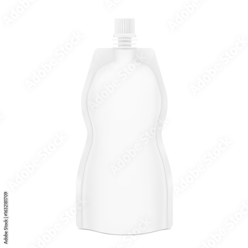 Shaped pouch bag with spout mockup.Vector illustration isolated on white background. Front view. Can be use for template your design, presentation, promo, ad. EPS10.