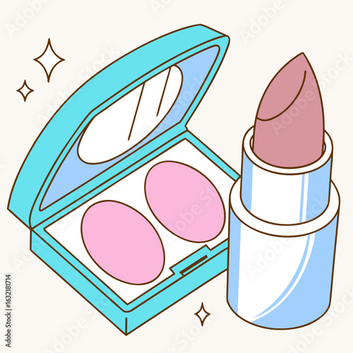 Makeup compact with two blushers and lipstick in minimalist design  