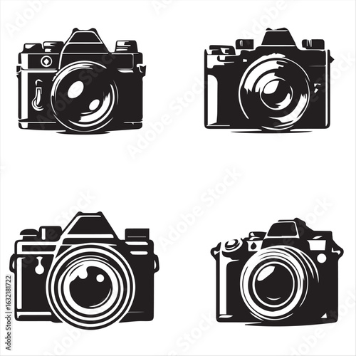 Vector silhouette set of cameras in various designs and styles
