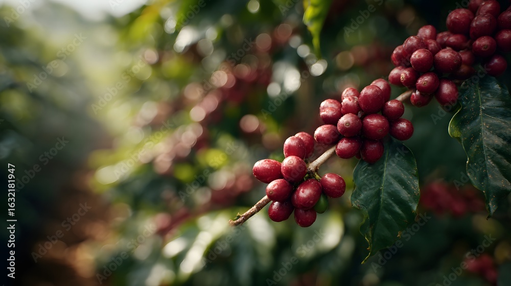 Obraz premium Ripe coffee cherries on a plantation farm
