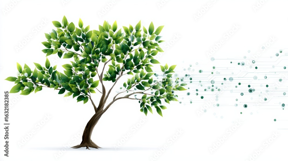 Obraz premium A digital tree blending nature and technology, symbolizing growth and innovation with vibrant green leaves and circuit-like patterns.