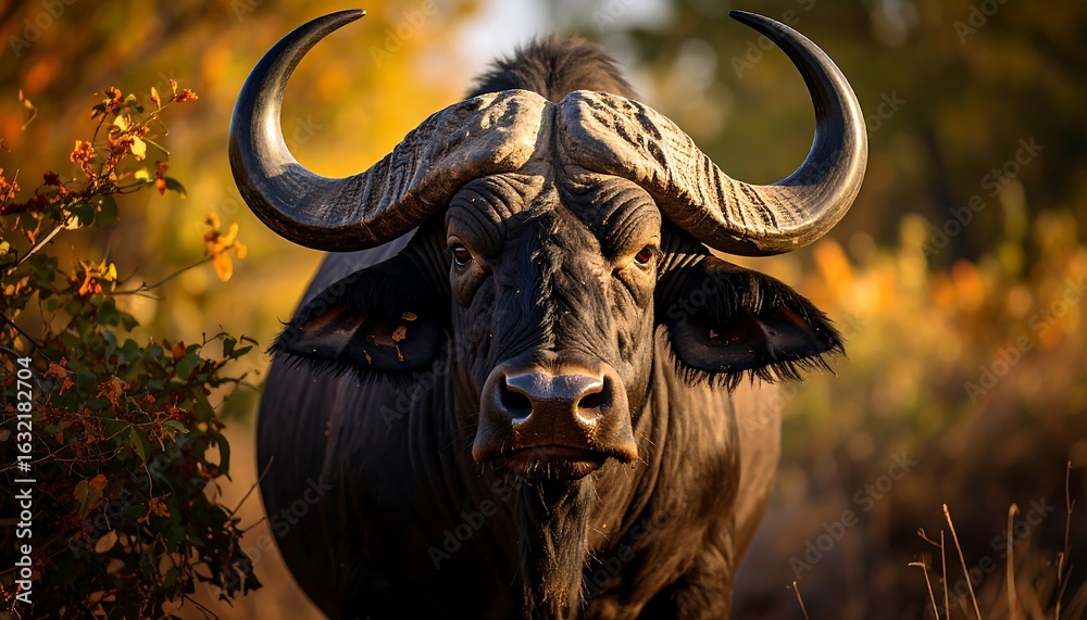 Naklejka premium African Buffalo Portrait: Majestic Wildlife in Natural Habitat during golden hour
