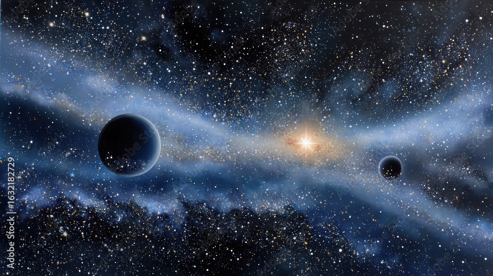 Fototapeta premium A cosmic scene showcasing planets, stars, and swirling galaxies, illustrating the vastness and beauty of outer space.
