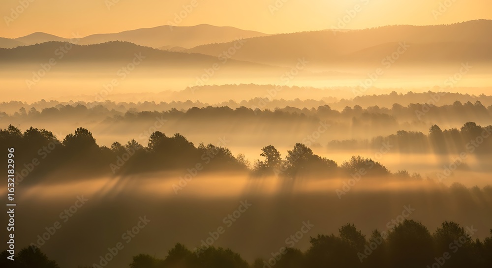 Sunrise through morning mist over layered hills and forests. Sunrise through morning mist over layered hills and forests.
