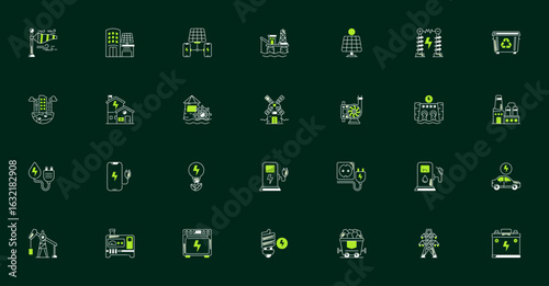 Flat-style renewable energy and sustainability vector icon set on a dark green background. Includes icons like wind turbines, solar panels, EV charging, and recycling. 