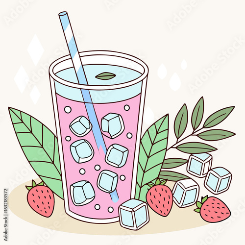 Iced herbal infusion with strawberries and mint leaves in glass  