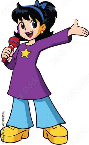 Cartoon character, black hair, blue ribbon, purple shirt, yellow star, blue pants, platform shoes, red microphone, singing, performer, pose
