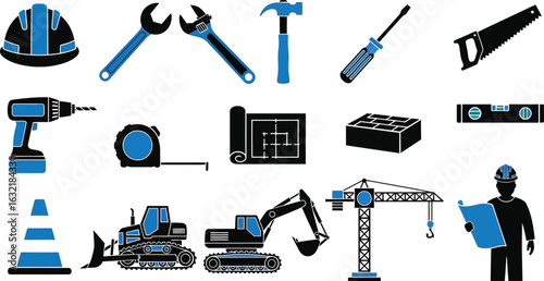 Construction tools and machinery icons in black and blue on a white background display