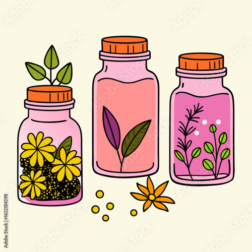 Colorful jars filled with herbal extracts and flowers on light background  
